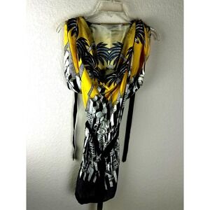 JC de CASTELBAJAC Womens Silk Dress Yellow Size 38 Belted Palm Tree Print